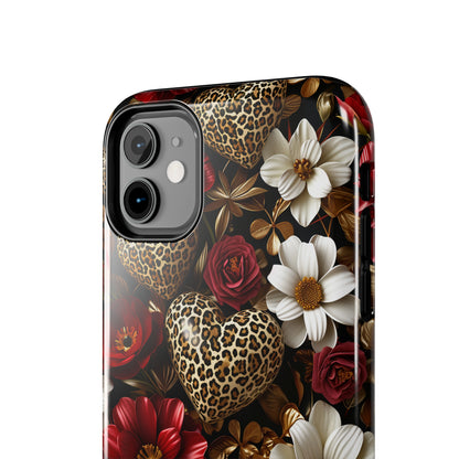 Red Gold Flowers Leopard Hearts Digital print Design Tough Phone Case compatible with a large variety of iPhone models, Gift, Phone Case