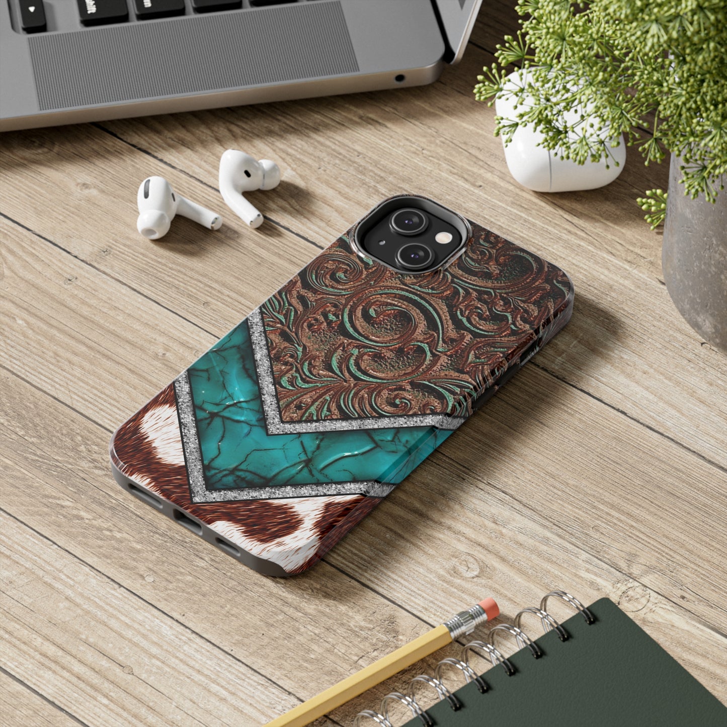 Western Cow Print, Faux Turquoise and Leather Digital print design Phone Case- Lightweight, Impact Resistant Cover for iPhone 6, 6s, 12, 13, 14, 15