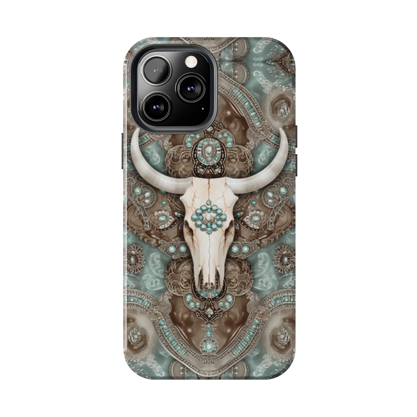 Western Cow Skull and Turquoise print design Phone Case- Lightweight, Impact Resistant Cover for iPhone 6, 6s, 12, 13, 14, 15