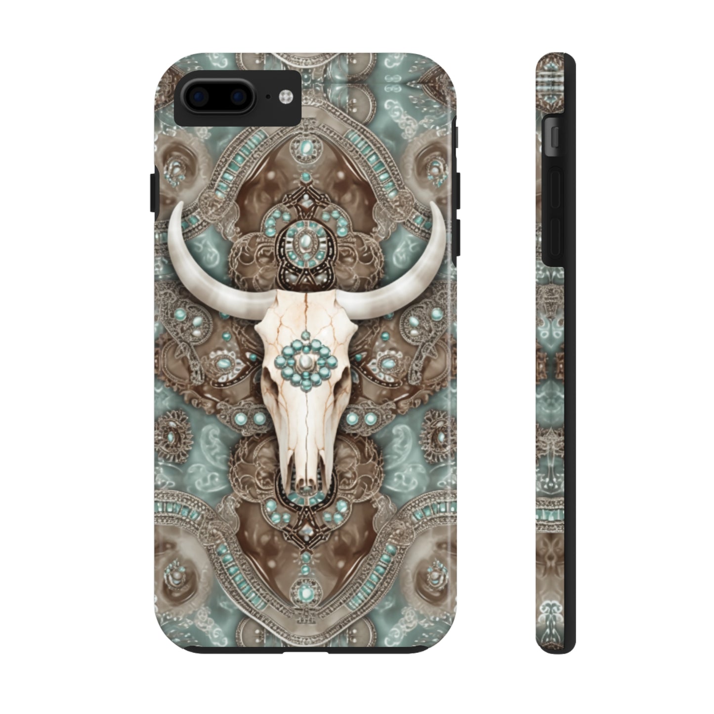 Western Cow Skull and Turquoise print design Phone Case- Lightweight, Impact Resistant Cover for iPhone 6, 6s, 12, 13, 14, 15