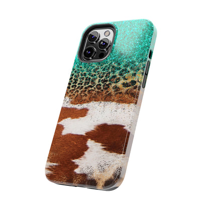 Western Cow Print, Teal, and Leopard print Design Phone Case- Lightweight, Impact Resistant Cover for iPhone 6, 6s, 12, 13, 14, 15