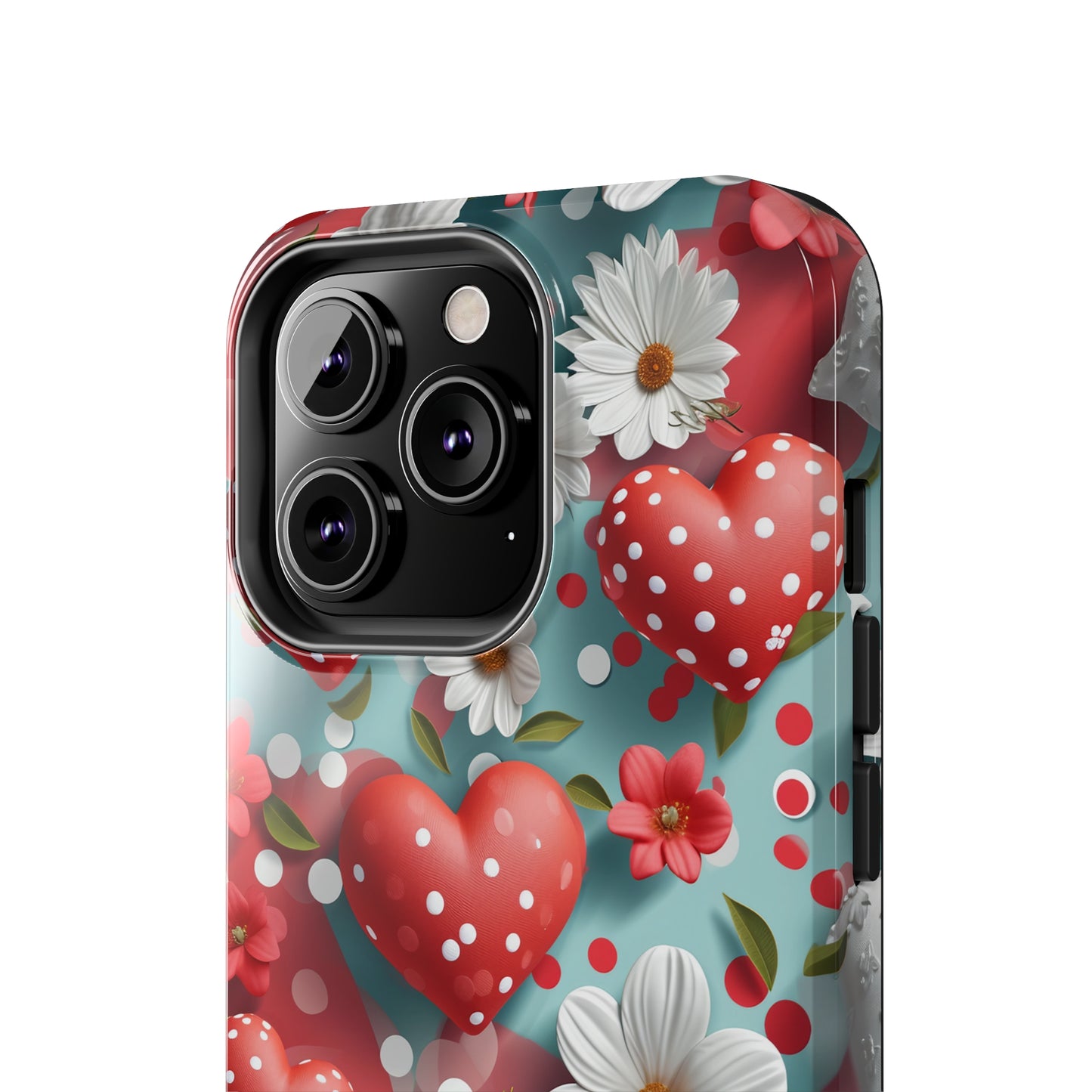 White Flowers Red Polka Dot Hearts Digital print Design Tough Phone Case compatible with a large variety of iPhone models, Gift, Phone Case