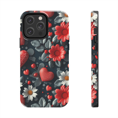 3D Flowers and Red Hearts Digital print Design Tough Phone Case compatible with a large variety of iPhone models, Gift, Phone Case