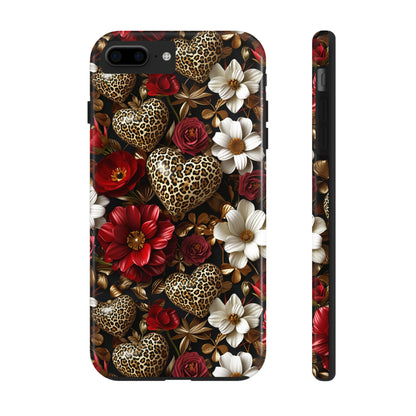 Red Gold Flowers Leopard Hearts Digital print Design Tough Phone Case compatible with a large variety of iPhone models, Gift, Phone Case