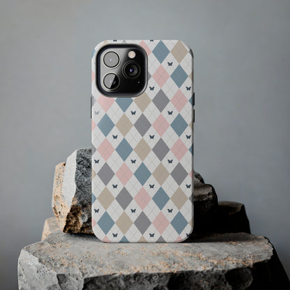 Argyle Pastel Plaid and Butterflies print design Tough Phone Case compatible with a large variety of iphone models