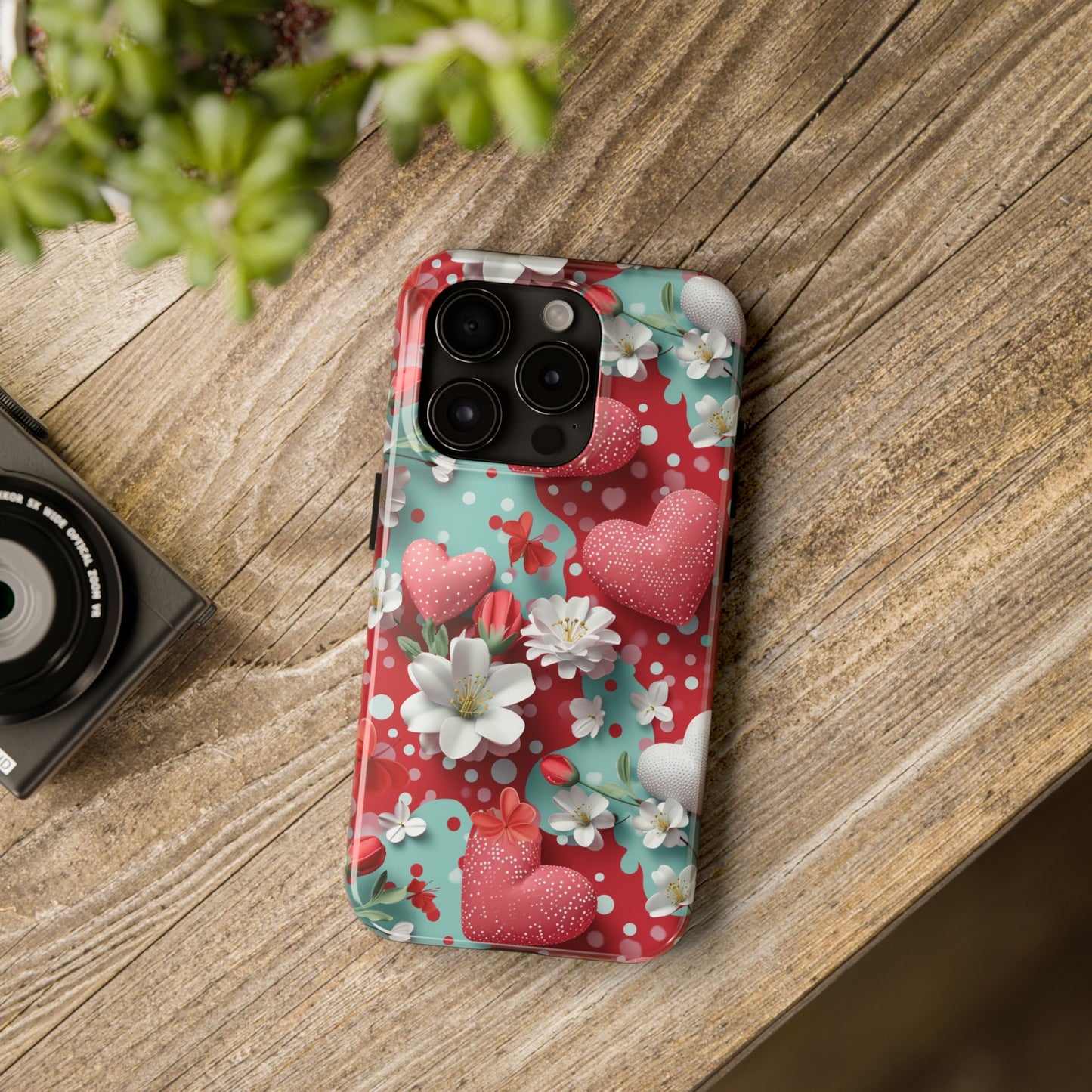 Polka Dot Hearts and Flowers Digital print Design Tough Phone Case compatible with a large variety of iPhone models, Gift, Phone Case