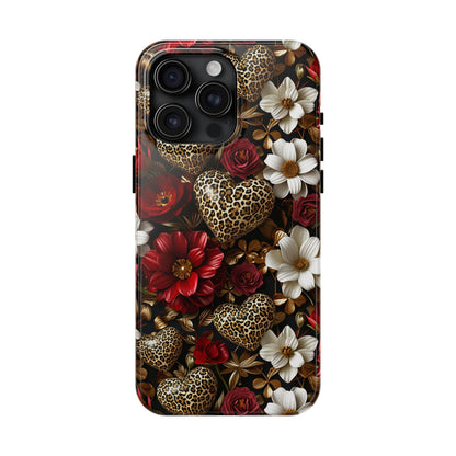 Red Gold Flowers Leopard Hearts Digital print Design Tough Phone Case compatible with a large variety of iPhone models, Gift, Phone Case