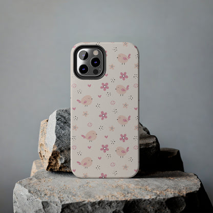 Cute Pink Birds and Flowers print design Tough Phone Case compatible with a large variety of iphone models