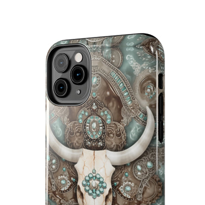 Western Cow Skull and Turquoise print design Phone Case- Lightweight, Impact Resistant Cover for iPhone 6, 6s, 12, 13, 14, 15