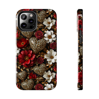 Red Gold Flowers Leopard Hearts Digital print Design Tough Phone Case compatible with a large variety of iPhone models, Gift, Phone Case