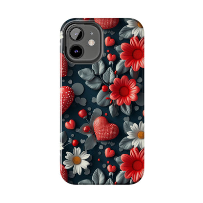 3D Flowers and Red Hearts Digital print Design Tough Phone Case compatible with a large variety of iPhone models, Gift, Phone Case