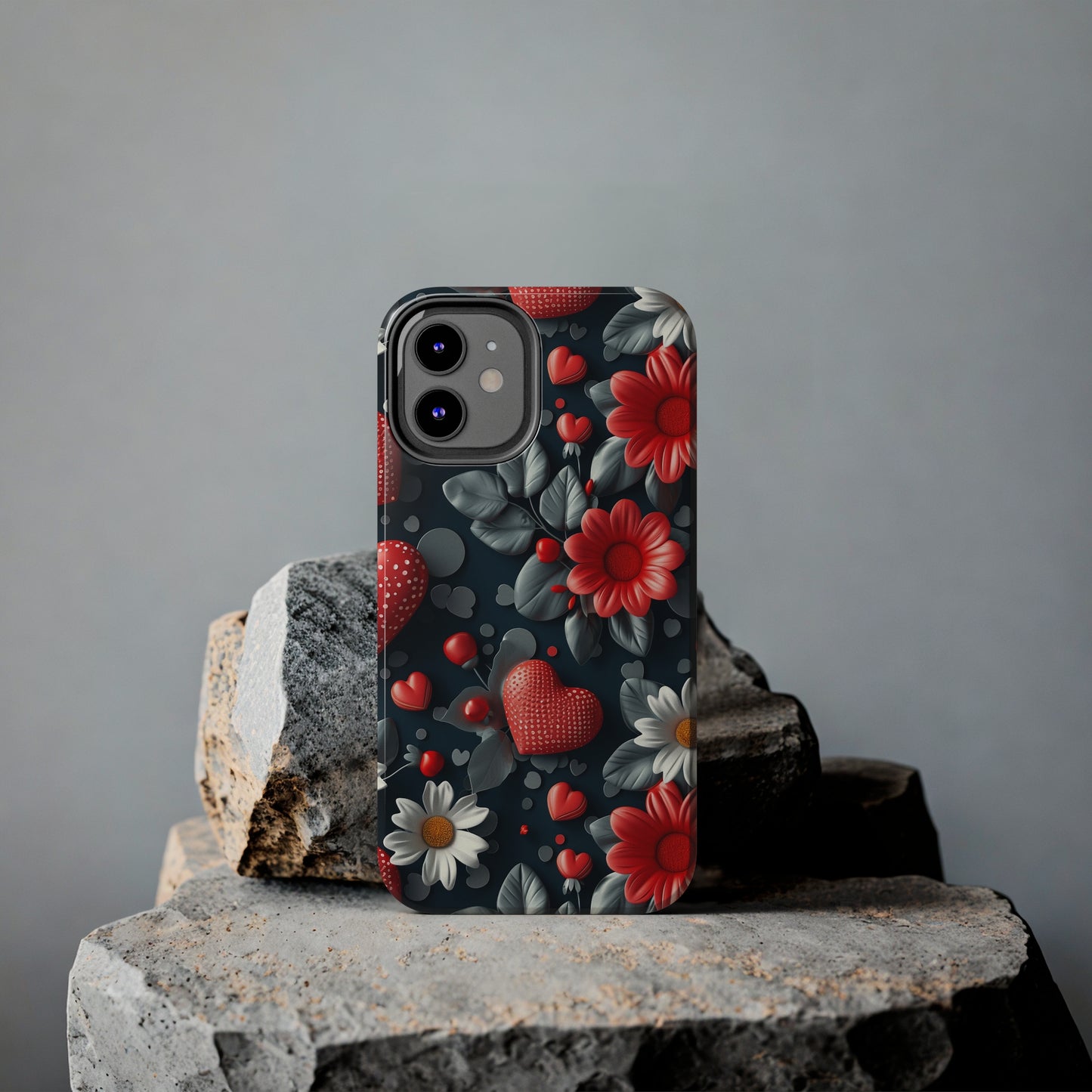 3D Flowers and Red Hearts Digital print Design Tough Phone Case compatible with a large variety of iPhone models, Gift, Phone Case