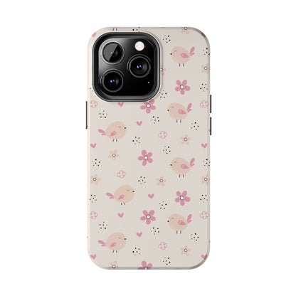 Cute Pink Birds and Flowers print design Tough Phone Case compatible with a large variety of iphone models