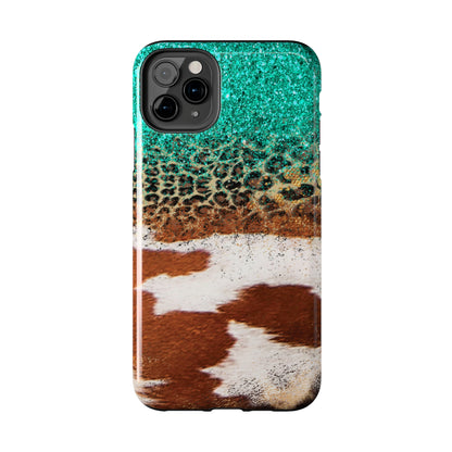 Western Cow Print, Teal, and Leopard print Design Phone Case- Lightweight, Impact Resistant Cover for iPhone 6, 6s, 12, 13, 14, 15