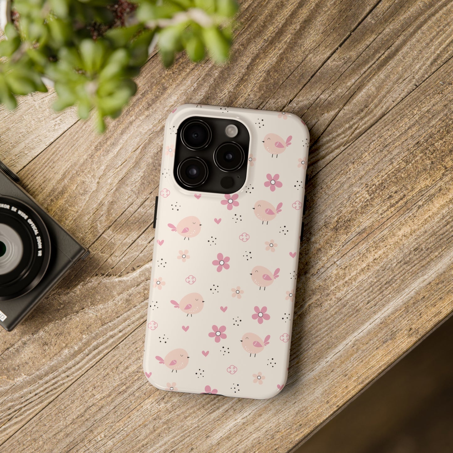 Cute Pink Birds and Flowers print design Tough Phone Case compatible with a large variety of iphone models