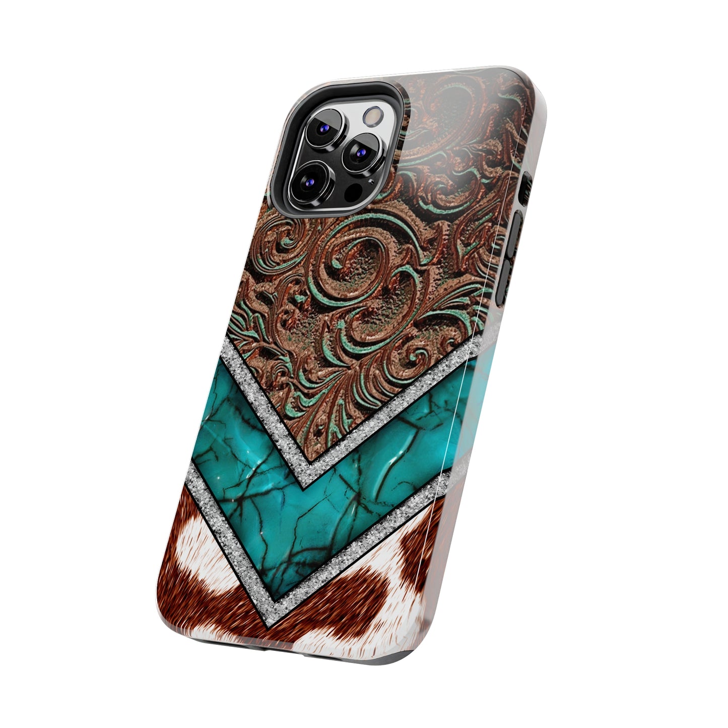 Western Cow Print, Faux Turquoise and Leather Digital print design Phone Case- Lightweight, Impact Resistant Cover for iPhone 6, 6s, 12, 13, 14, 15