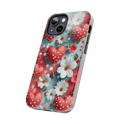 White Flowers Red Polka Dot Hearts Digital print Design Tough Phone Case compatible with a large variety of iPhone models, Gift, Phone Case