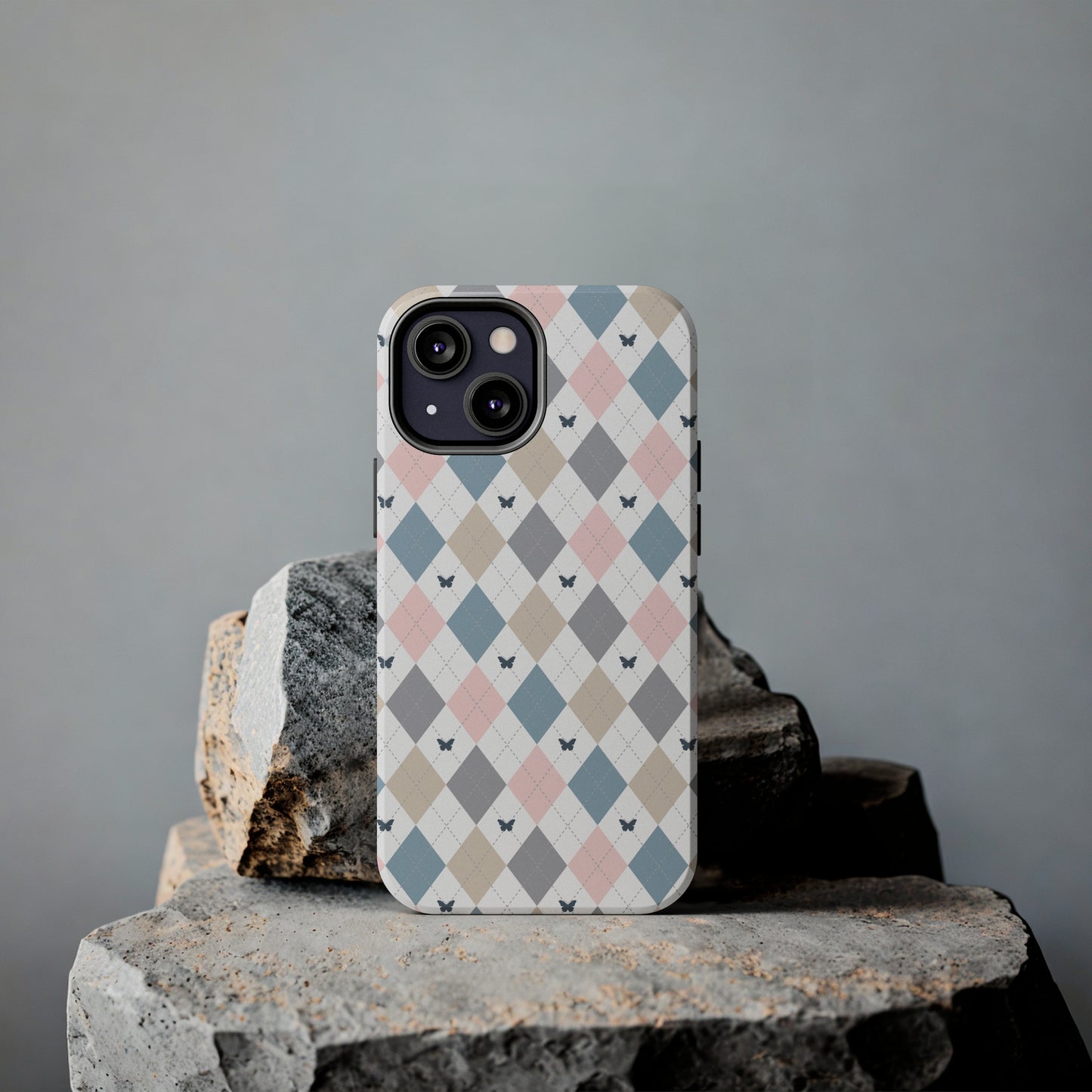 Argyle Pastel Plaid and Butterflies print design Tough Phone Case compatible with a large variety of iphone models