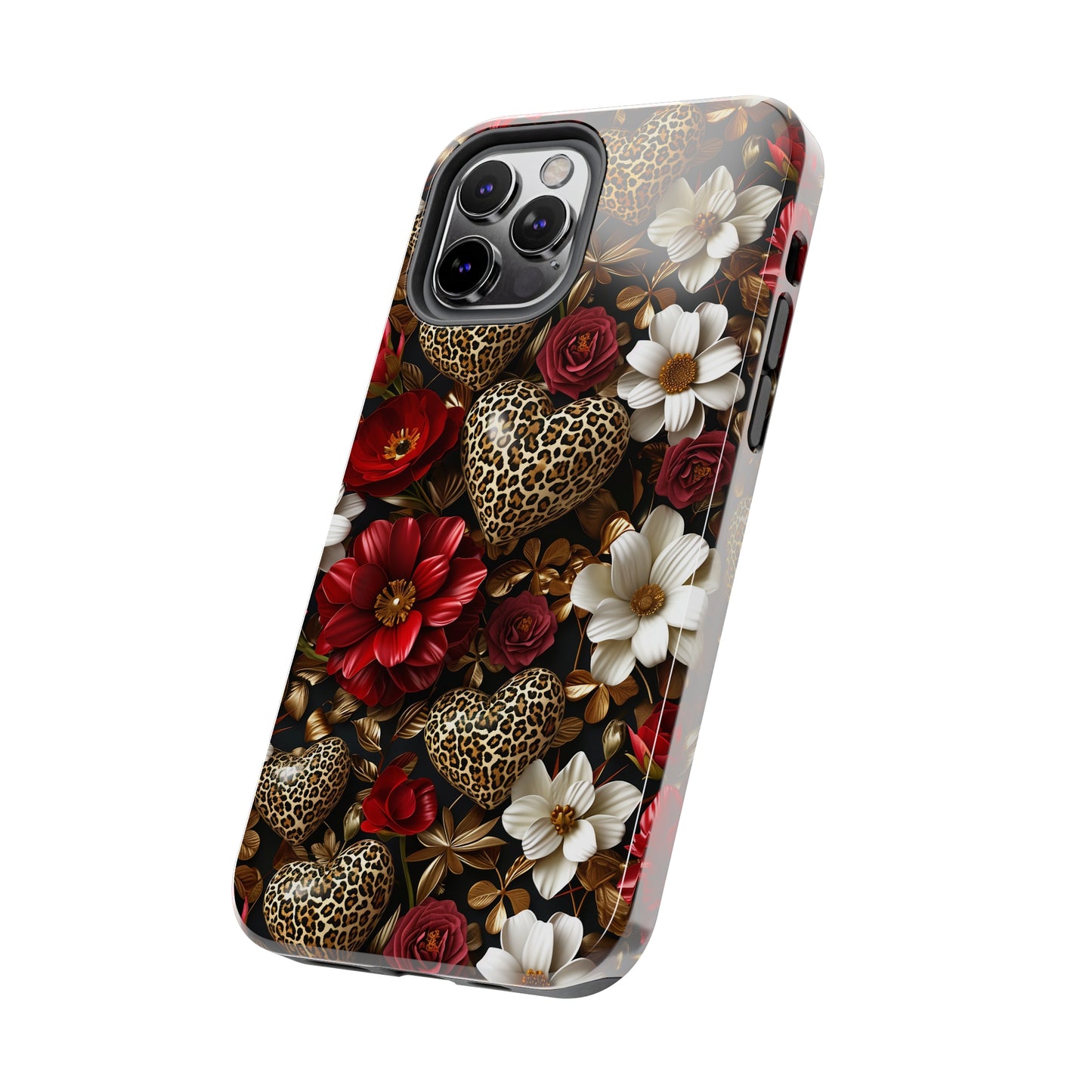 Red Gold Flowers Leopard Hearts Digital print Design Tough Phone Case compatible with a large variety of iPhone models, Gift, Phone Case