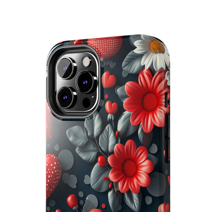 3D Flowers and Red Hearts Digital print Design Tough Phone Case compatible with a large variety of iPhone models, Gift, Phone Case