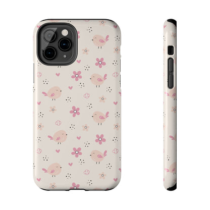 Cute Pink Birds and Flowers print design Tough Phone Case compatible with a large variety of iphone models