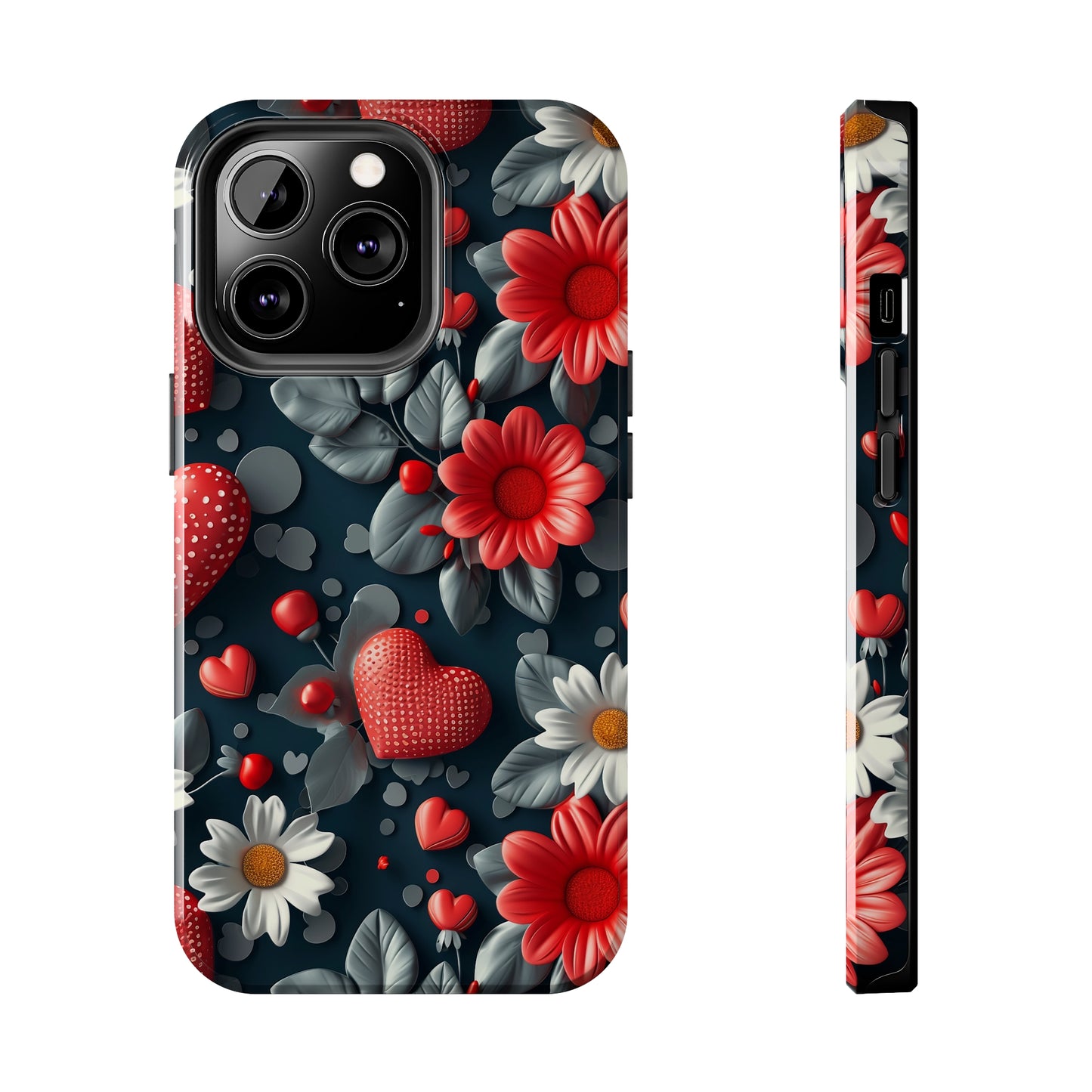 3D Flowers and Red Hearts Digital print Design Tough Phone Case compatible with a large variety of iPhone models, Gift, Phone Case