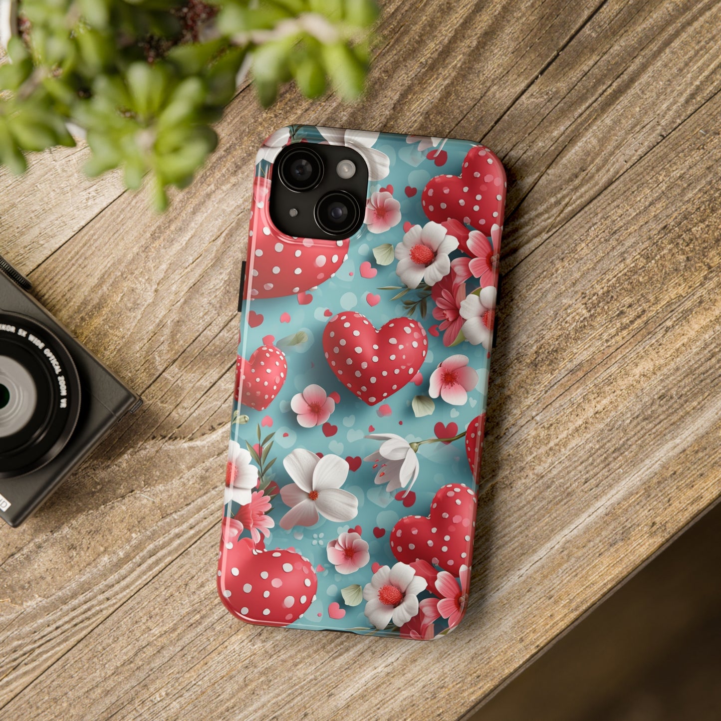 Pink White Flowers Red Hearts Digital print Design Tough Phone Case compatible with a large variety of iPhone models, Gift, Phone Case