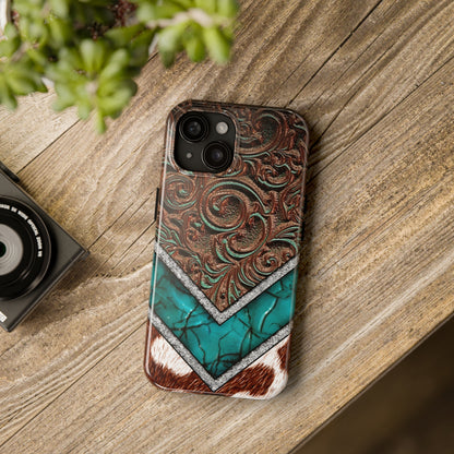 Western Cow Print, Faux Turquoise and Leather Digital print design Phone Case- Lightweight, Impact Resistant Cover for iPhone 6, 6s, 12, 13, 14, 15