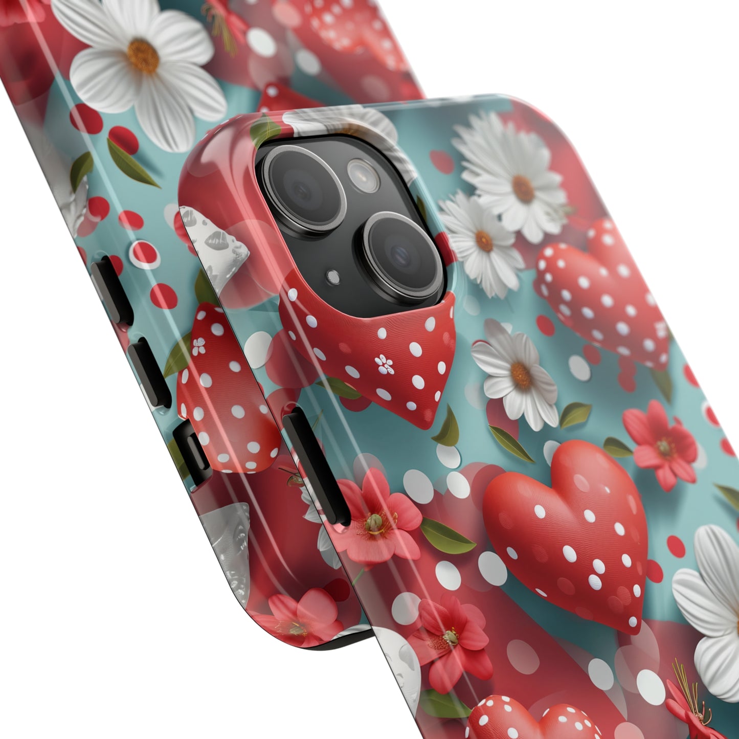 White Flowers Red Polka Dot Hearts Digital print Design Tough Phone Case compatible with a large variety of iPhone models, Gift, Phone Case