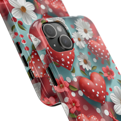 White Flowers Red Polka Dot Hearts Digital print Design Tough Phone Case compatible with a large variety of iPhone models, Gift, Phone Case