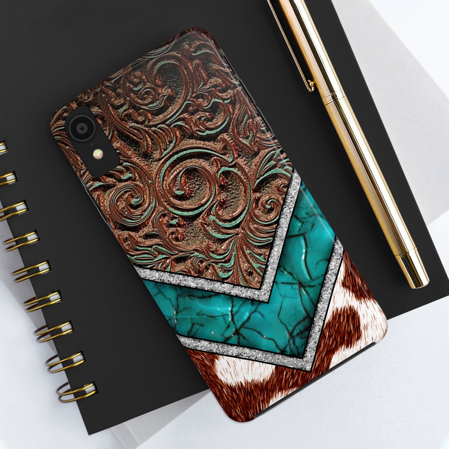 Western Cow Print, Faux Turquoise and Leather Digital print design Phone Case- Lightweight, Impact Resistant Cover for iPhone 6, 6s, 12, 13, 14, 15