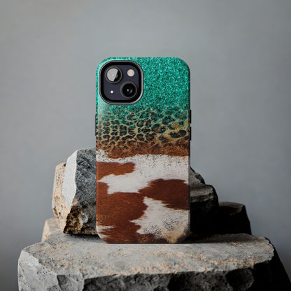 Western Cow Print, Teal, and Leopard print Design Phone Case- Lightweight, Impact Resistant Cover for iPhone 6, 6s, 12, 13, 14, 15