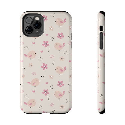 Cute Pink Birds and Flowers print design Tough Phone Case compatible with a large variety of iphone models