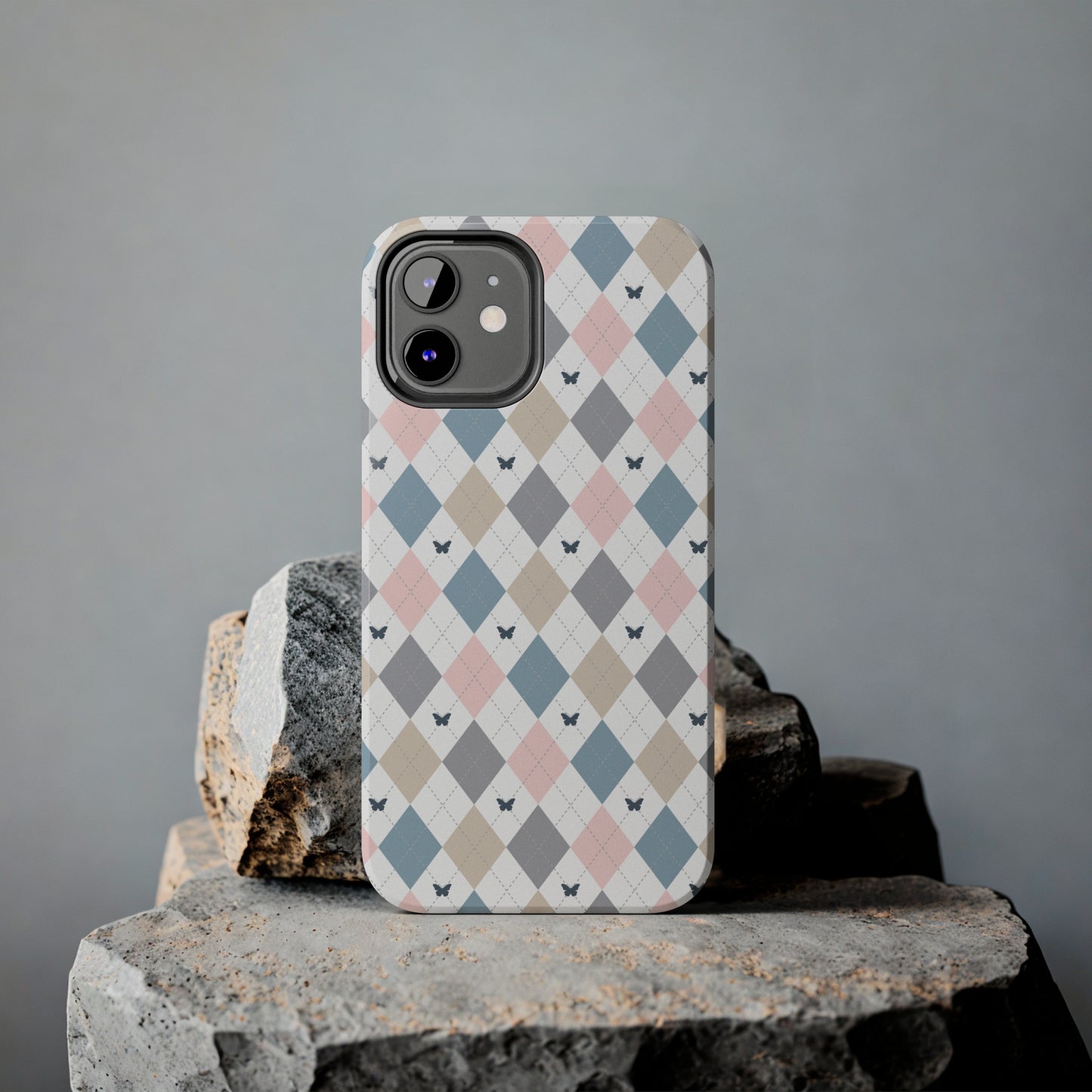 Argyle Pastel Plaid and Butterflies print design Tough Phone Case compatible with a large variety of iphone models