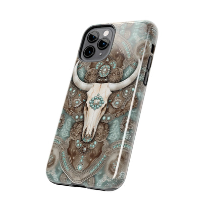 Western Cow Skull and Turquoise print design Phone Case- Lightweight, Impact Resistant Cover for iPhone 6, 6s, 12, 13, 14, 15