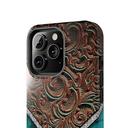 Western Cow Print, Faux Turquoise and Leather Digital print design Phone Case- Lightweight, Impact Resistant Cover for iPhone 6, 6s, 12, 13, 14, 15