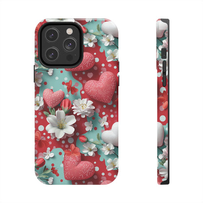 Polka Dot Hearts and Flowers Digital print Design Tough Phone Case compatible with a large variety of iPhone models, Gift, Phone Case