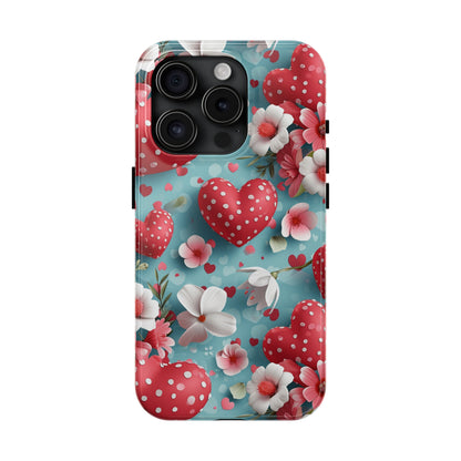 Pink White Flowers Red Hearts Digital print Design Tough Phone Case compatible with a large variety of iPhone models, Gift, Phone Case