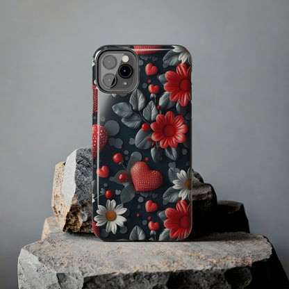 3D Flowers and Red Hearts Digital print Design Tough Phone Case compatible with a large variety of iPhone models, Gift, Phone Case