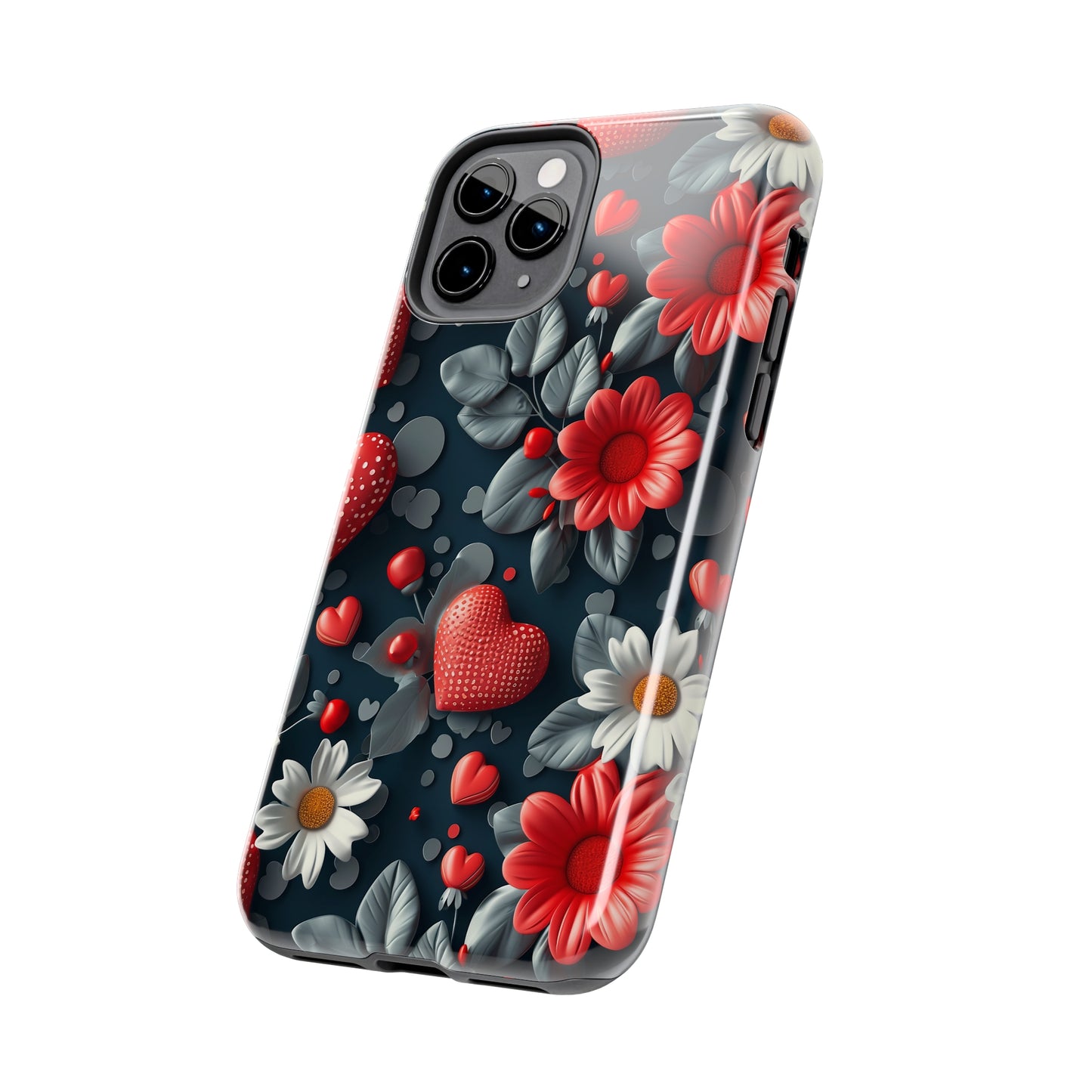 3D Flowers and Red Hearts Digital print Design Tough Phone Case compatible with a large variety of iPhone models, Gift, Phone Case