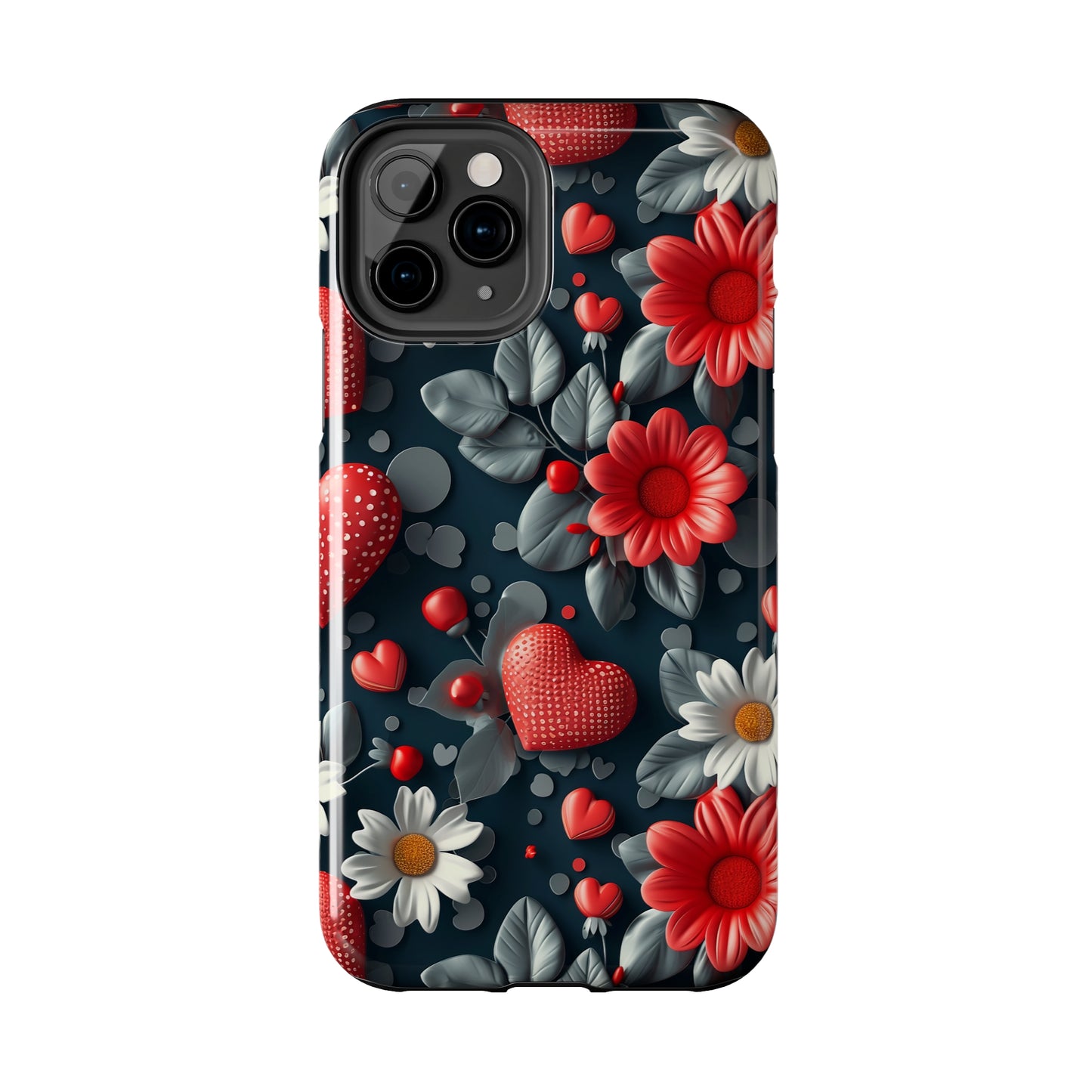 3D Flowers and Red Hearts Digital print Design Tough Phone Case compatible with a large variety of iPhone models, Gift, Phone Case