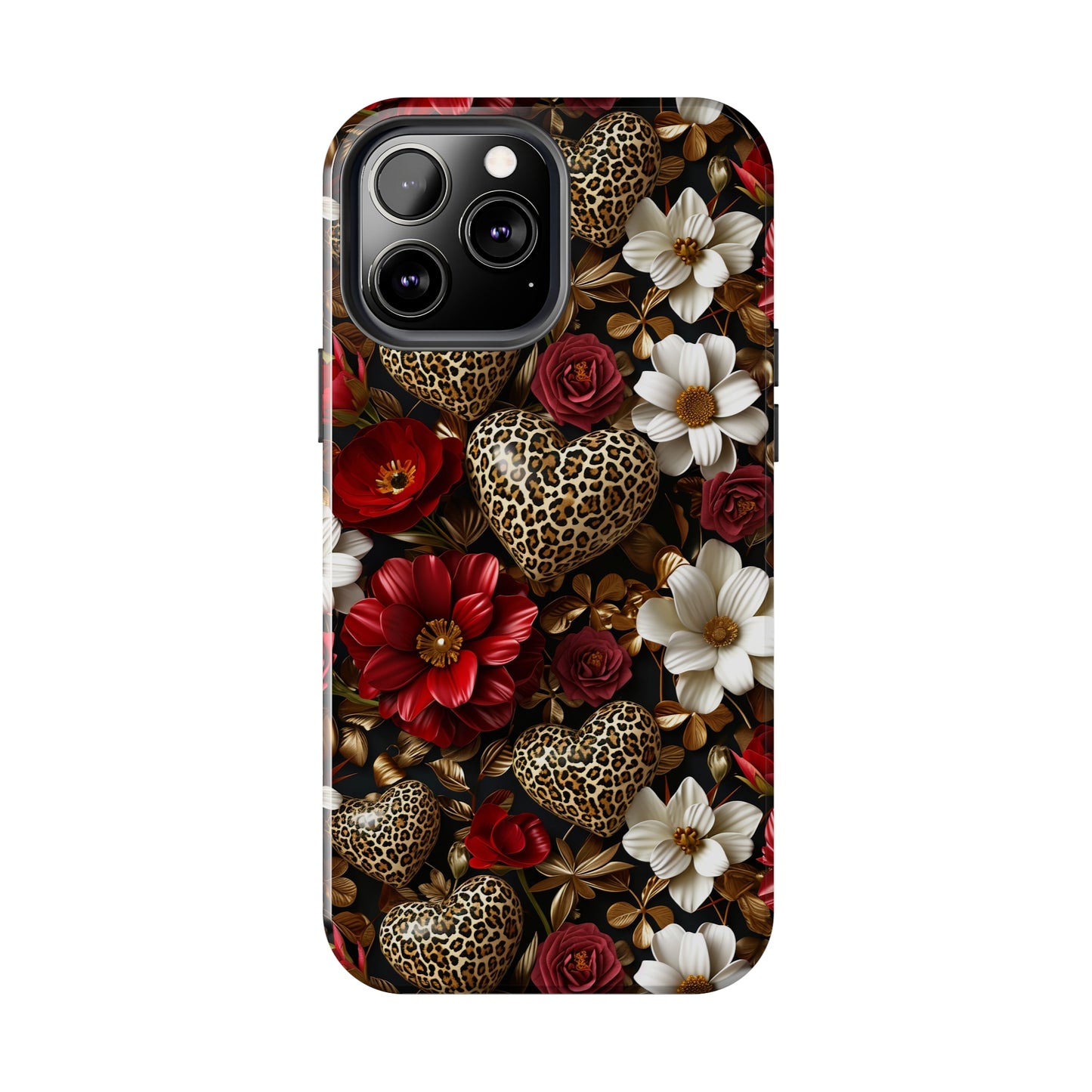 Red Gold Flowers Leopard Hearts Digital print Design Tough Phone Case compatible with a large variety of iPhone models, Gift, Phone Case