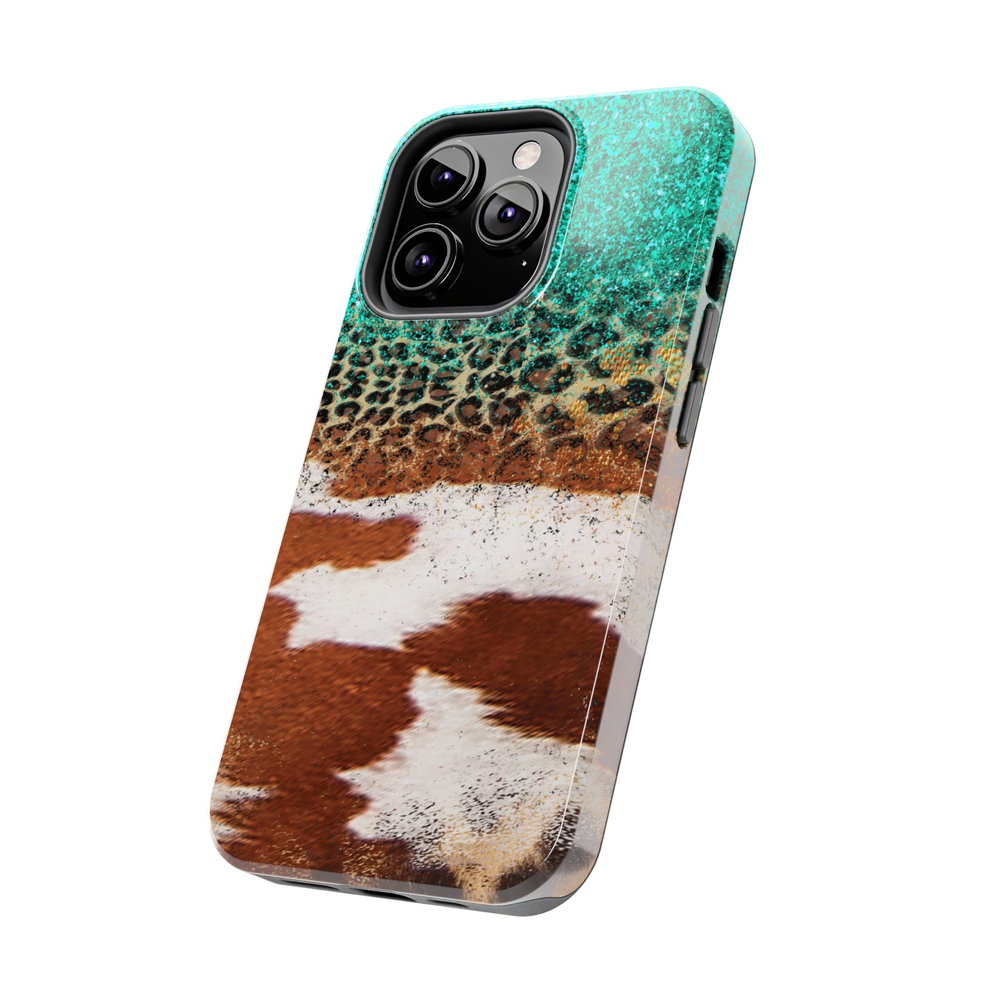 Western Cow Print, Teal, and Leopard print Design Phone Case- Lightweight, Impact Resistant Cover for iPhone 6, 6s, 12, 13, 14, 15