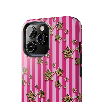 Girly Cheetah Stars and Pink Stripes Design Phone Case- Lightweight, Impact Resistant Cover for iPhone 6, 6s, 12, 13, 14, 15