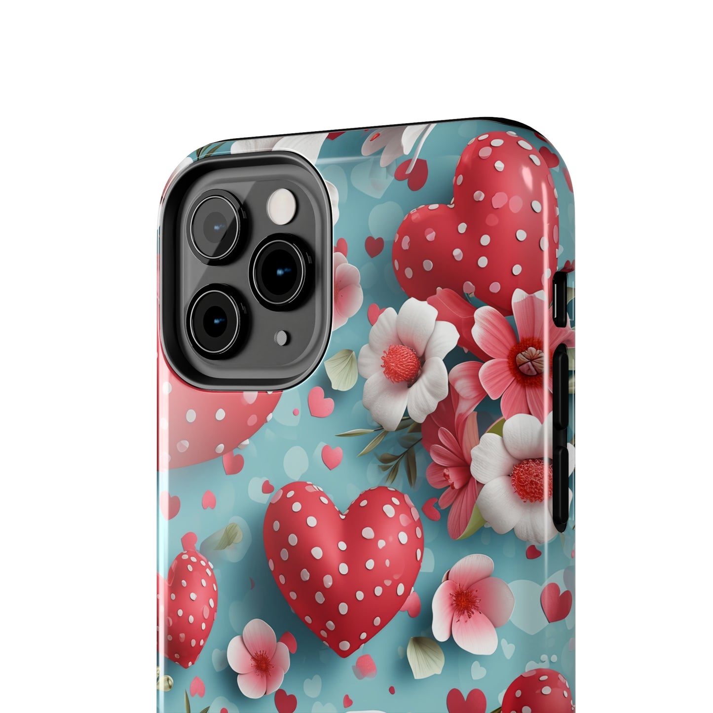 Pink White Flowers Red Hearts Digital print Design Tough Phone Case compatible with a large variety of iPhone models, Gift, Phone Case