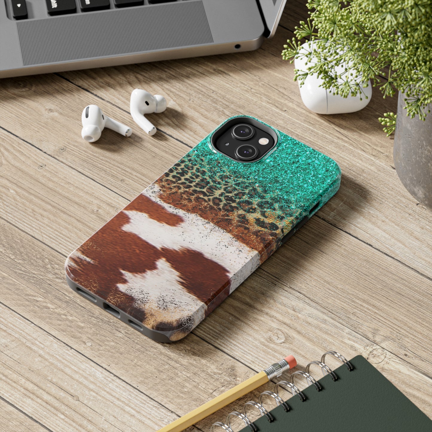 Western Cow Print, Teal, and Leopard print Design Phone Case- Lightweight, Impact Resistant Cover for iPhone 6, 6s, 12, 13, 14, 15