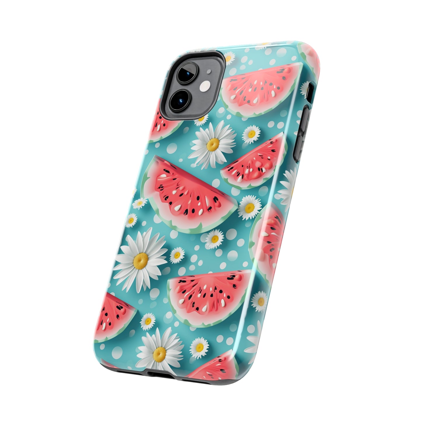 Watermelon Slices and Daisies Digital print Design Tough Phone Case compatible with a large variety of iPhone models, Gift, Phone Case