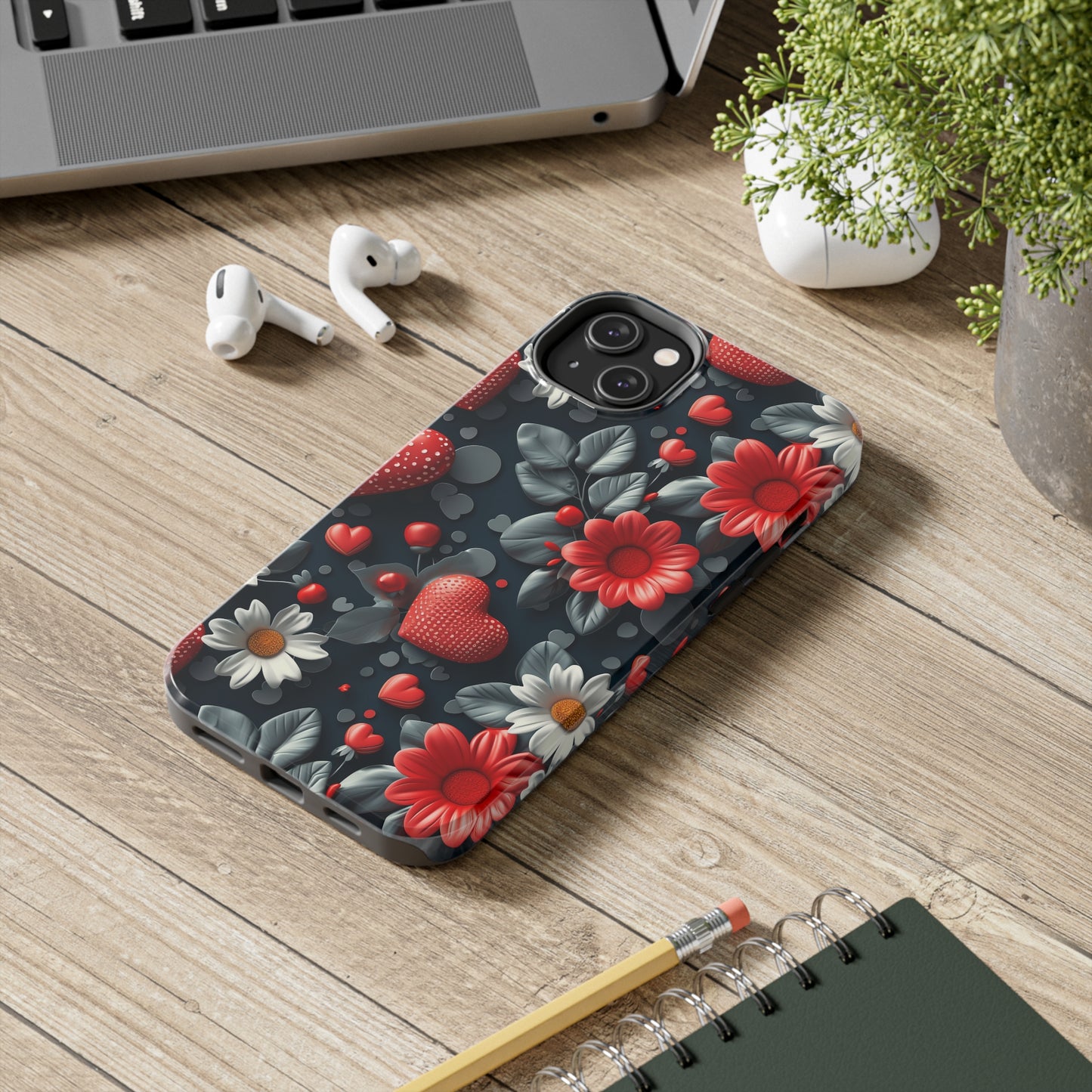 3D Flowers and Red Hearts Digital print Design Tough Phone Case compatible with a large variety of iPhone models, Gift, Phone Case