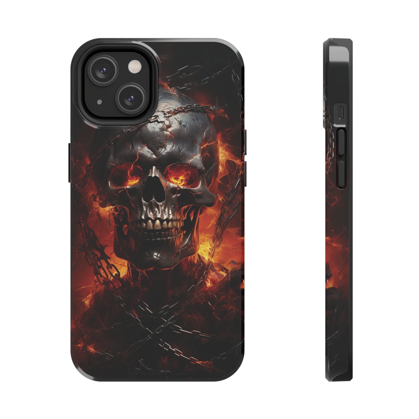 Gothic Skull iPhone Case, Dark Aesthetic Fiery Eyes, Unique Horror Style iPhone Accessory, Cool Tech Design for iPhone Models, Durable Phone Accessory Protective Cover for iPhone Models, Tough iPhone Case