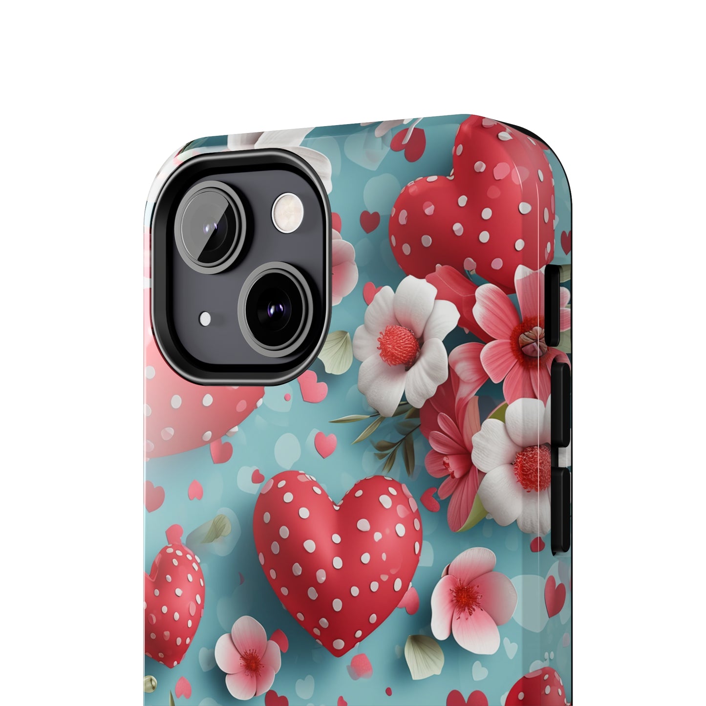 Pink White Flowers Red Hearts Digital print Design Tough Phone Case compatible with a large variety of iPhone models, Gift, Phone Case